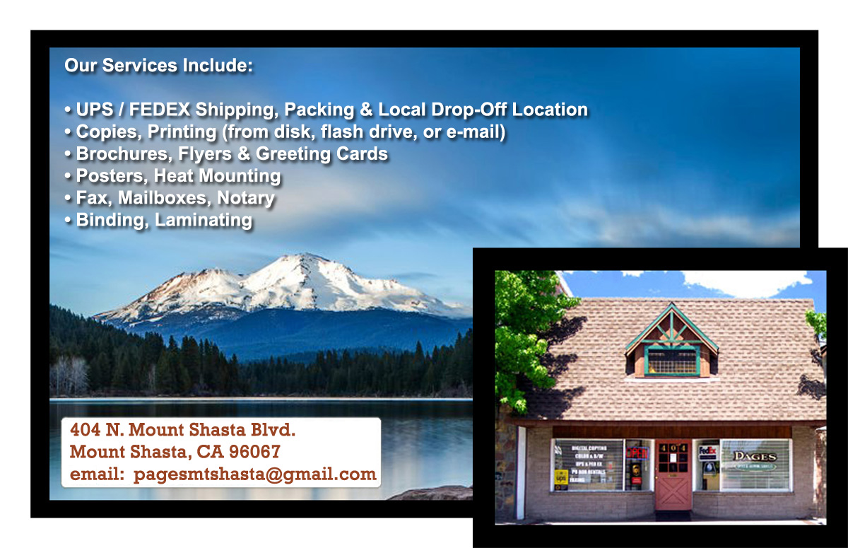 Pages of Mount Shasta - Copies, Shipping, Mailboxes